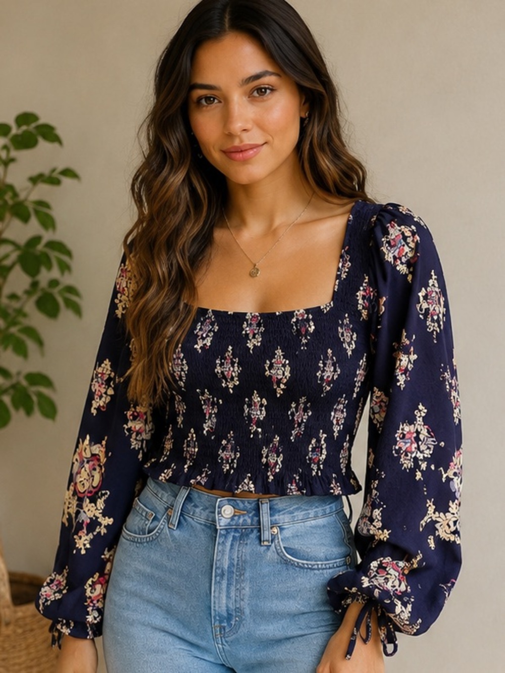 Anthropologie Navy Floral Smocked Peasant Top